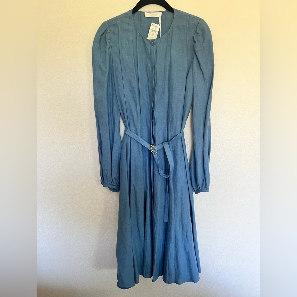 Chloe Blue Pleated belted dress with Bishop Sleeves